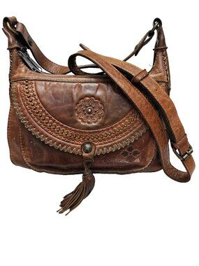 PATRICIA NASH Camila Hobo Crossbody Bag Distressed Tooled Leather Cognac Brown